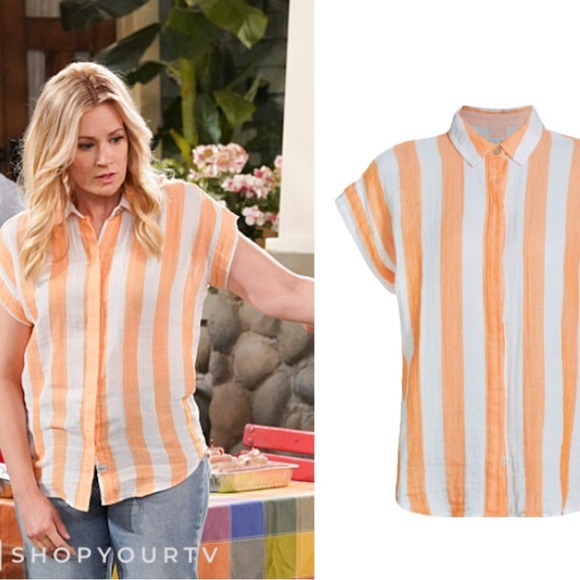 LOLA RIVER Orange White Striped Resort Casual Button Up Short Sleeve XS - Picture 1 of 8